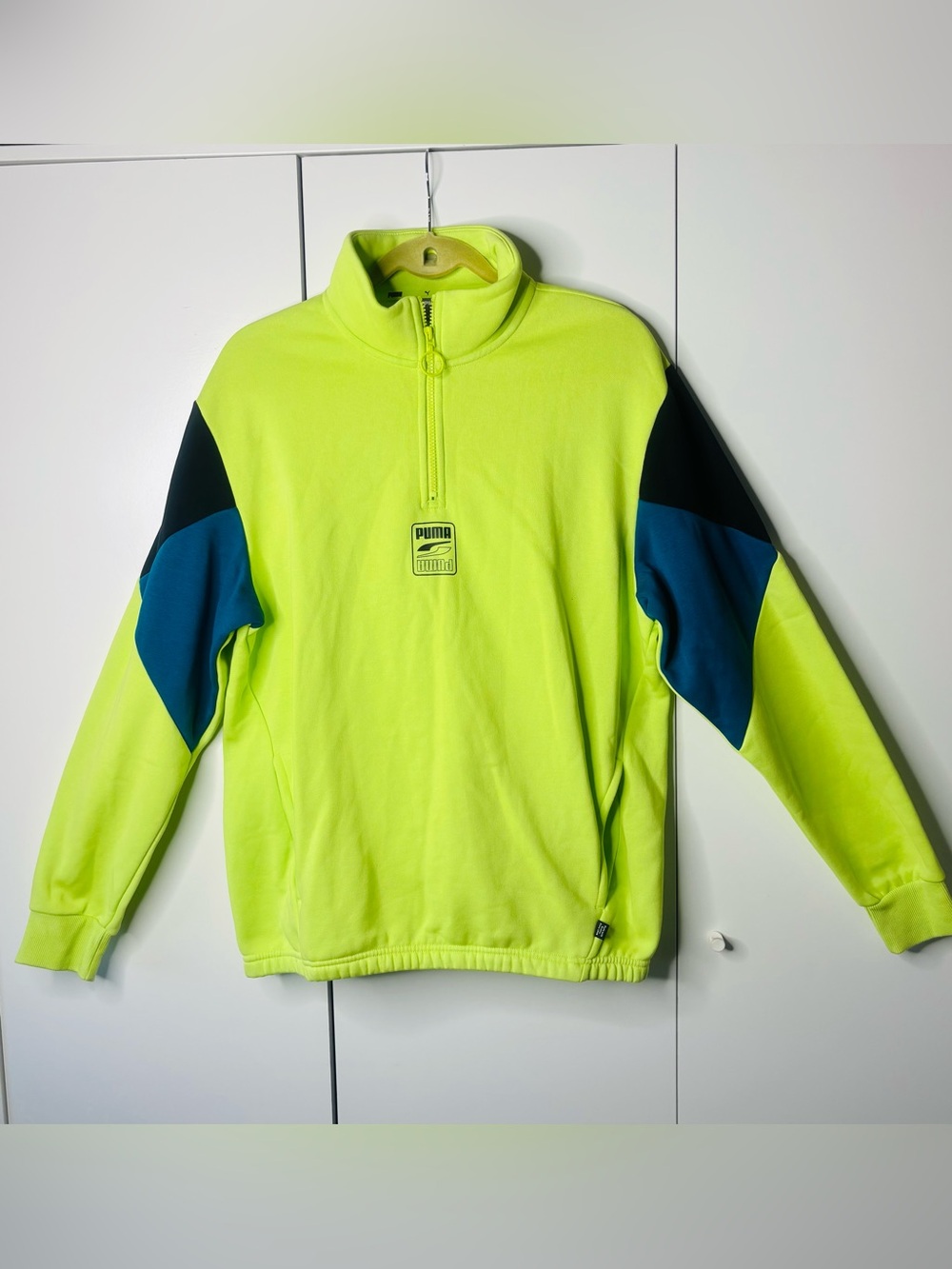 Puma Men’s Neon Yellow Half-Zip Sweater with Teal and Black Panels